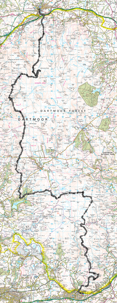 The Okehampton to Ivybridge 73.2km Dartmoor walk with 2289 mtrs ascent and 2283 mtrs descent.