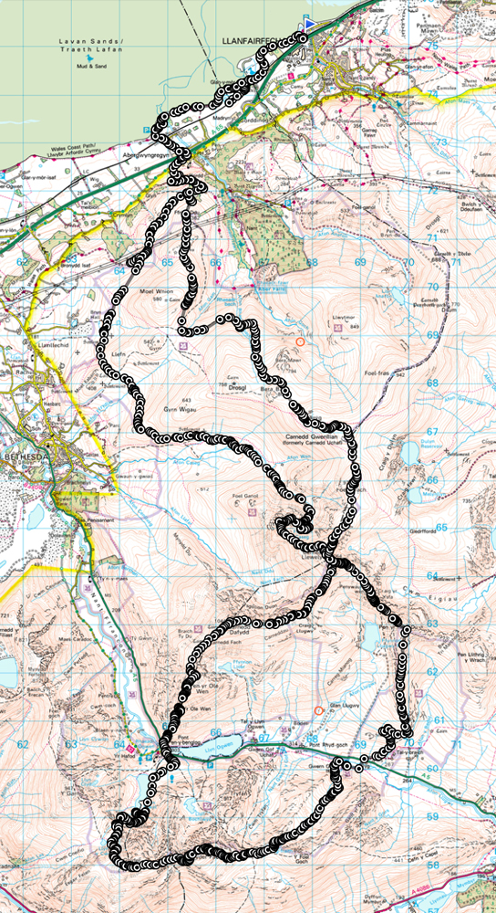 The 71.4 km Snowdonia walk with 3617 mtrs ascent and 3546 mtrs descent.