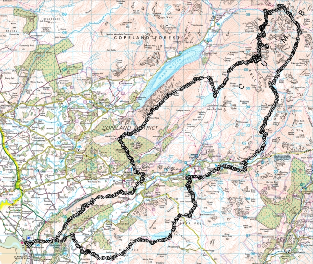 The 64.3 km Lake District walk to summit Scafell Pike with 3360 mtrs ascent and 3198 mtrs descent.
